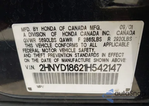 2001 Acura Mdx из США, поврежденный, VIN 2HNYD18621H542147